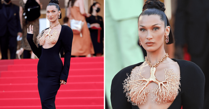 Bella Hadid syder i en Schiaparelli-kjole ved premieren i Cannes